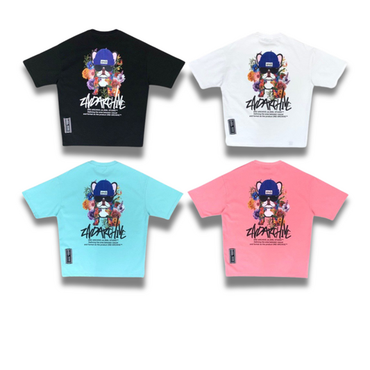 2nd Archiveのフローラル犬Tシャツ、ブラック・ホワイト・ミント・ピンクの4色展開で楽しめる