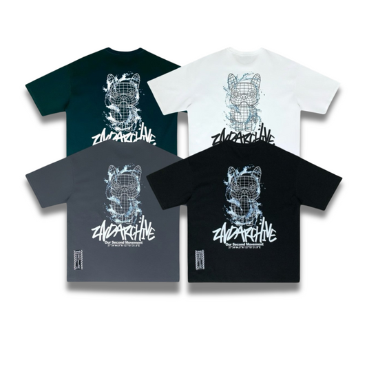 フロントにワイヤーフレーム風ブルドッグが描かれた韓国グラフィックTシャツ