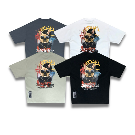 ブラックTシャツにプリントされたブルドッグのディテールアップ