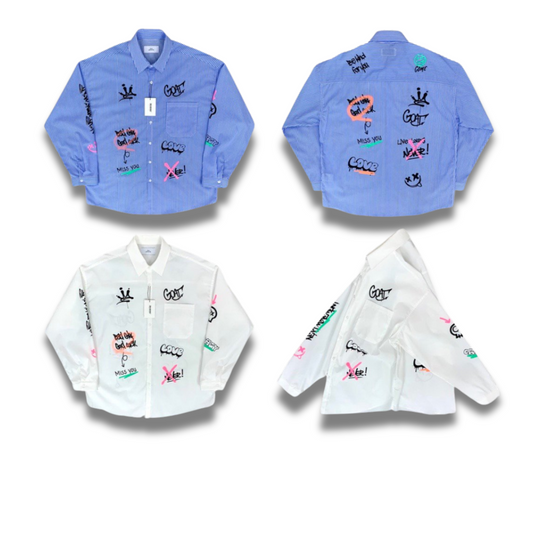 Vibrant letter graphic shirt worn by celebrities