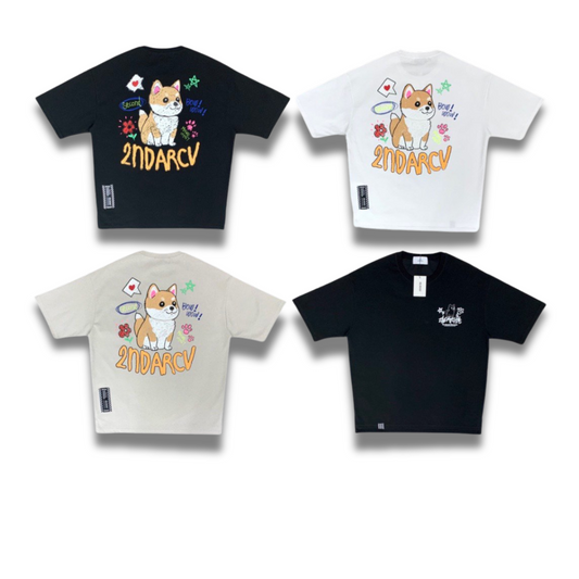 ナチュラルなベージュカラーに癒し系の犬イラストが映えるカジュアルTシャツ