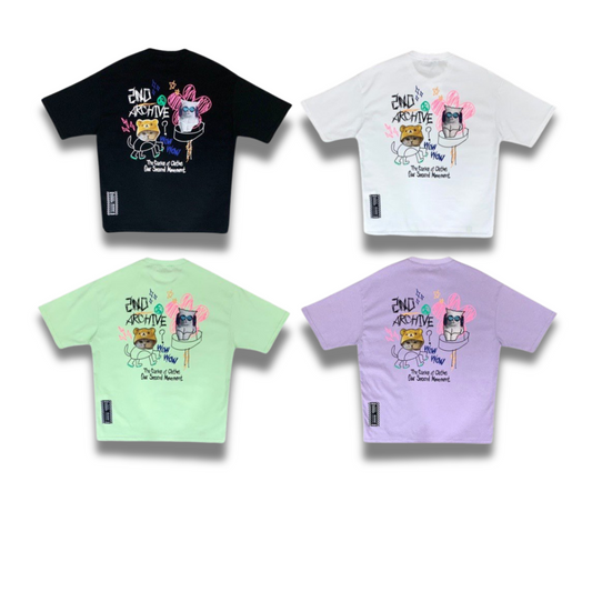 2nd ArchiveのキャットグラフィックTシャツはブラック・ホワイト・ライトグリーン・ラベンダーの4色展開で、韓国ストリート&Kポップファンに大人気