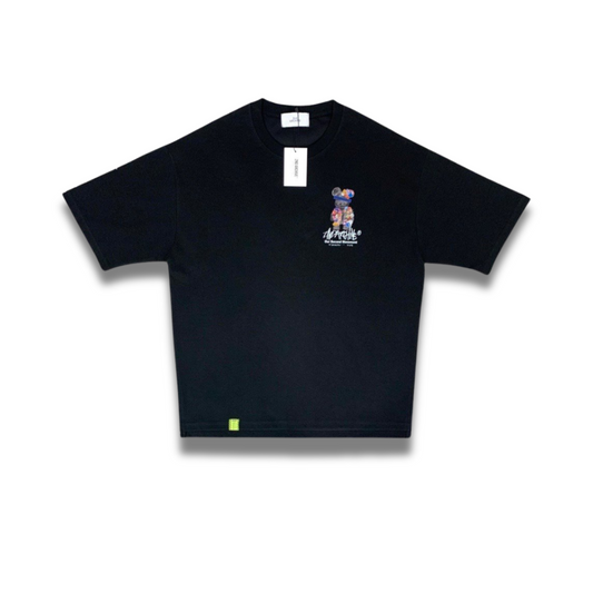 Front facing black t-shirt with teddy bear graphic in graffiti style.