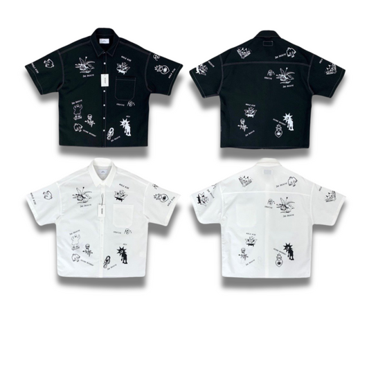 2nd Archiveのモノクロキャラクターシャツはブラックとホワイトの2色展開で、アート×ストリートスタイルを表現