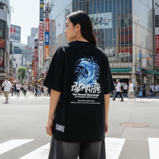 2ND ARCHIVE ドルフィンウェーブTシャツ ライフスタイル バック ブラック / 2ND ARCHIVE Dolphin Wave Oversized Tee - Back Lifestyle Black