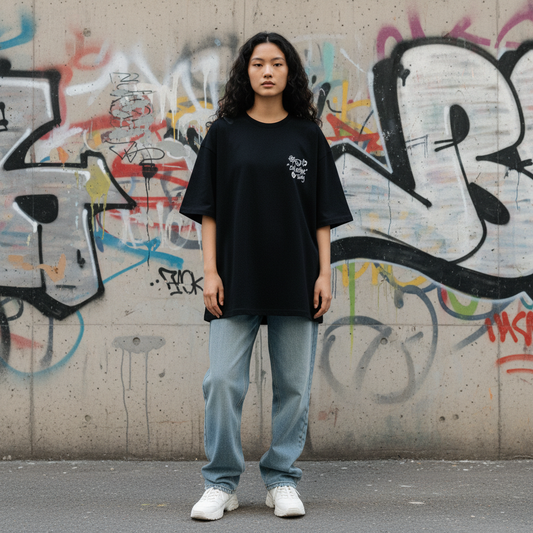 Pen art bear graphic t-shirt front view - Korean streetwear oversized tee for women | ペンアートベア グラフィックTシャツ フロントビュー 韓国ストリートウェア レディース オーバーサイズ