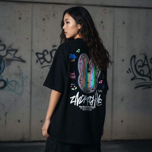 Balloon rabbit holographic t-shirt back graphic - Korean street fashion oversized design | バルーンラビットホログラフィックTシャツ バックグラフィック 韓国ストリートファッション オーバーサイズデザイン