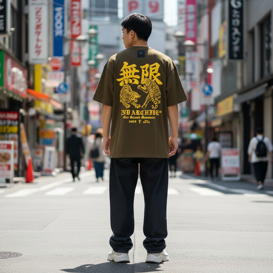 2ND ARCHIVE 虎の戦いTシャツ SAB255 バック 無限漢字イエロー虎グラフィック 東京ストリート / 2ND ARCHIVE Tiger Fight Tee SAB255 Back Mugen Kanji Yellow Tiger Graphic Tokyo Street