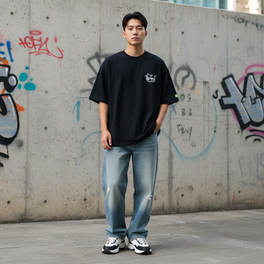 Beanie bear graphic t-shirt front view - Korean streetwear oversized tee for men | ビーニークマ グラフィックTシャツ フロントビュー 韓国ストリートウェア メンズ オーバーサイズ