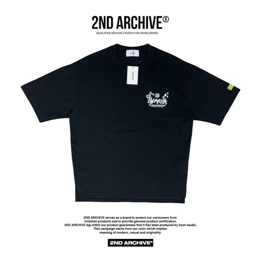 Black front facing graphic t shirt made in Kore with small logo on the chest.
