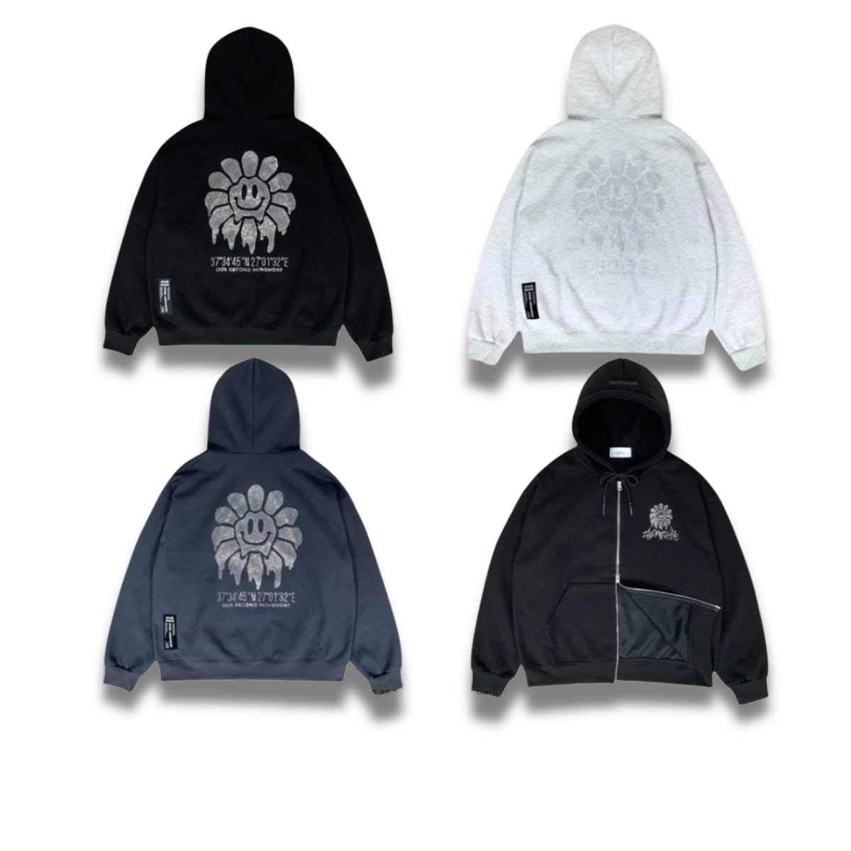 背面の大きなスマイルフラワーデザインを強調した斜めアングル