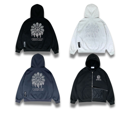 背面の大きなスマイルフラワーデザインを強調した斜めアングル