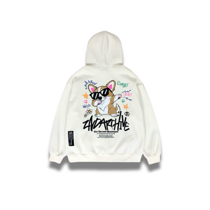 胸元に並んだコーギーデザインが入ったダビング・コーギー・パーカーの正面写真