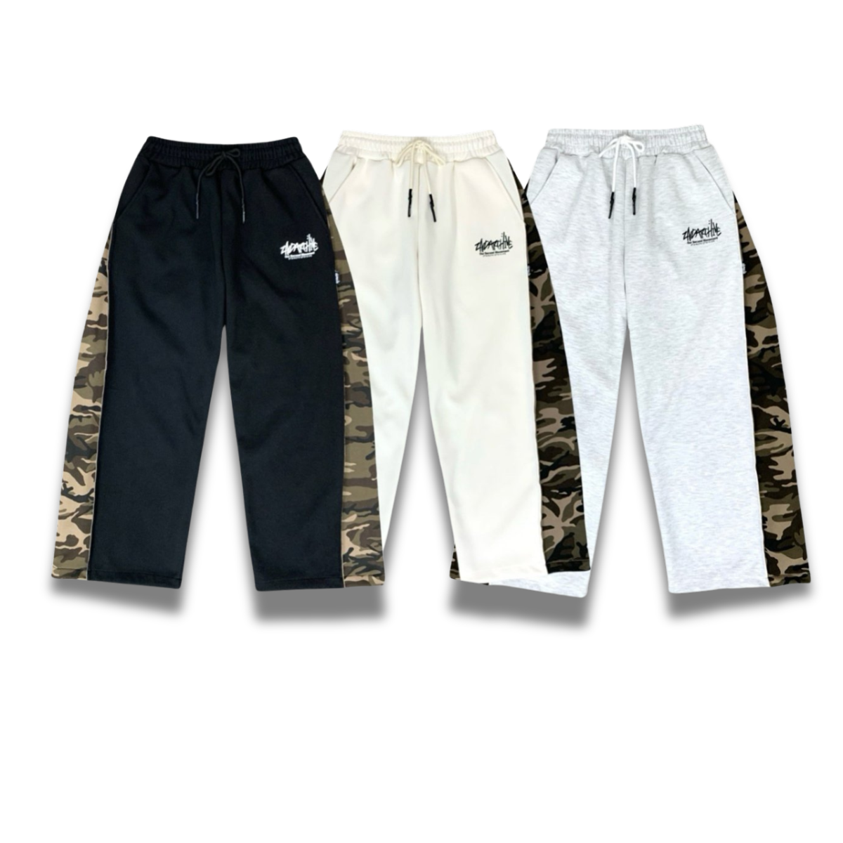 カモ柄の切り替えデザインが入ったワイドパンツの正面写真