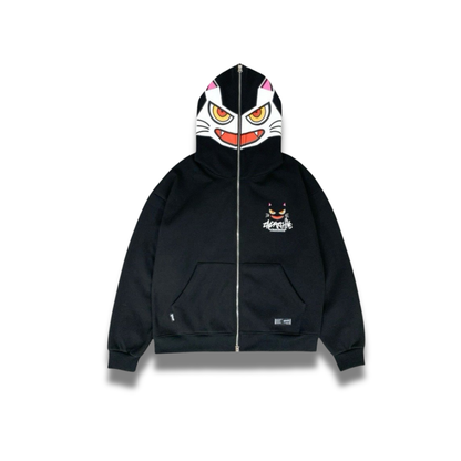 大きな猫の顔デザインがフロントに入ったフルジップパーカーの正面写真