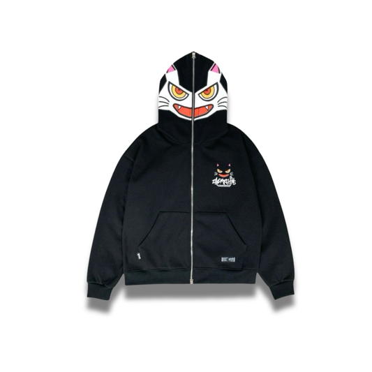 大きな猫の顔デザインがフロントに入ったフルジップパーカーの正面写真