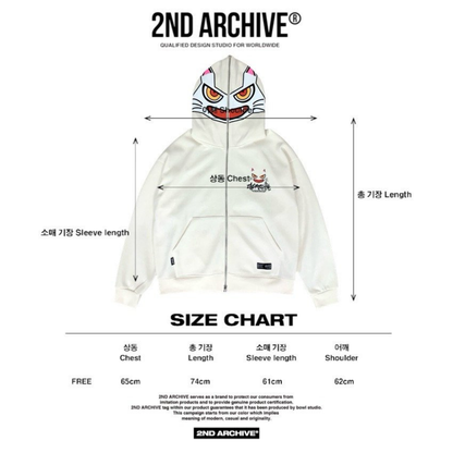 前面のジップがデザインに溶け込んだ猫フェイスパーカーのクローズアップ