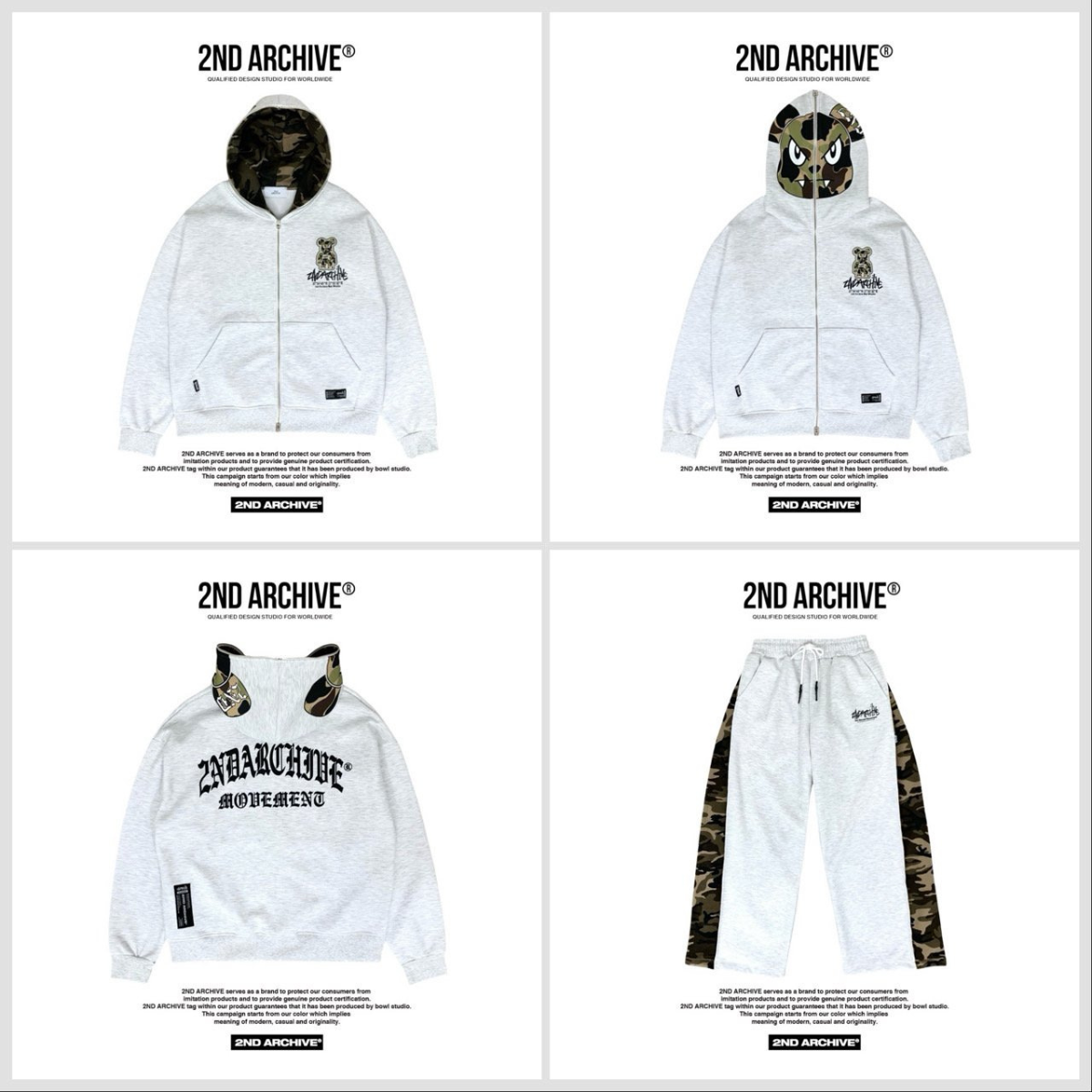 ブラウン生地のカモ柄ベアデザインが際立つディテールカット