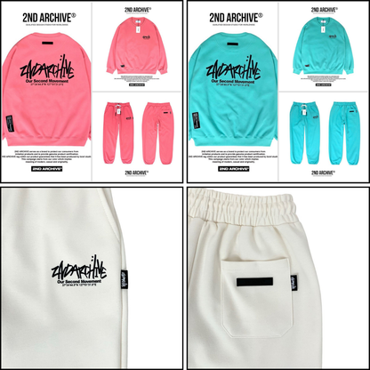 セットアップのパンツと組み合わせたロゴスウェットの自然な日常コーデ