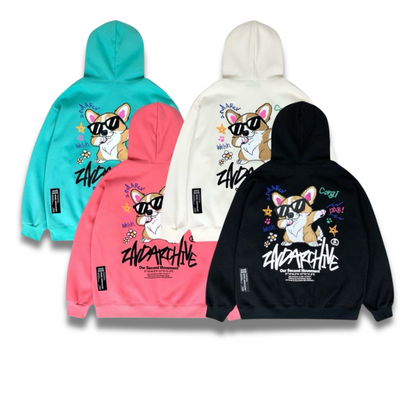 ブラックパーカーにプリントされた複数のコーギーグラフィックのディテールアップ