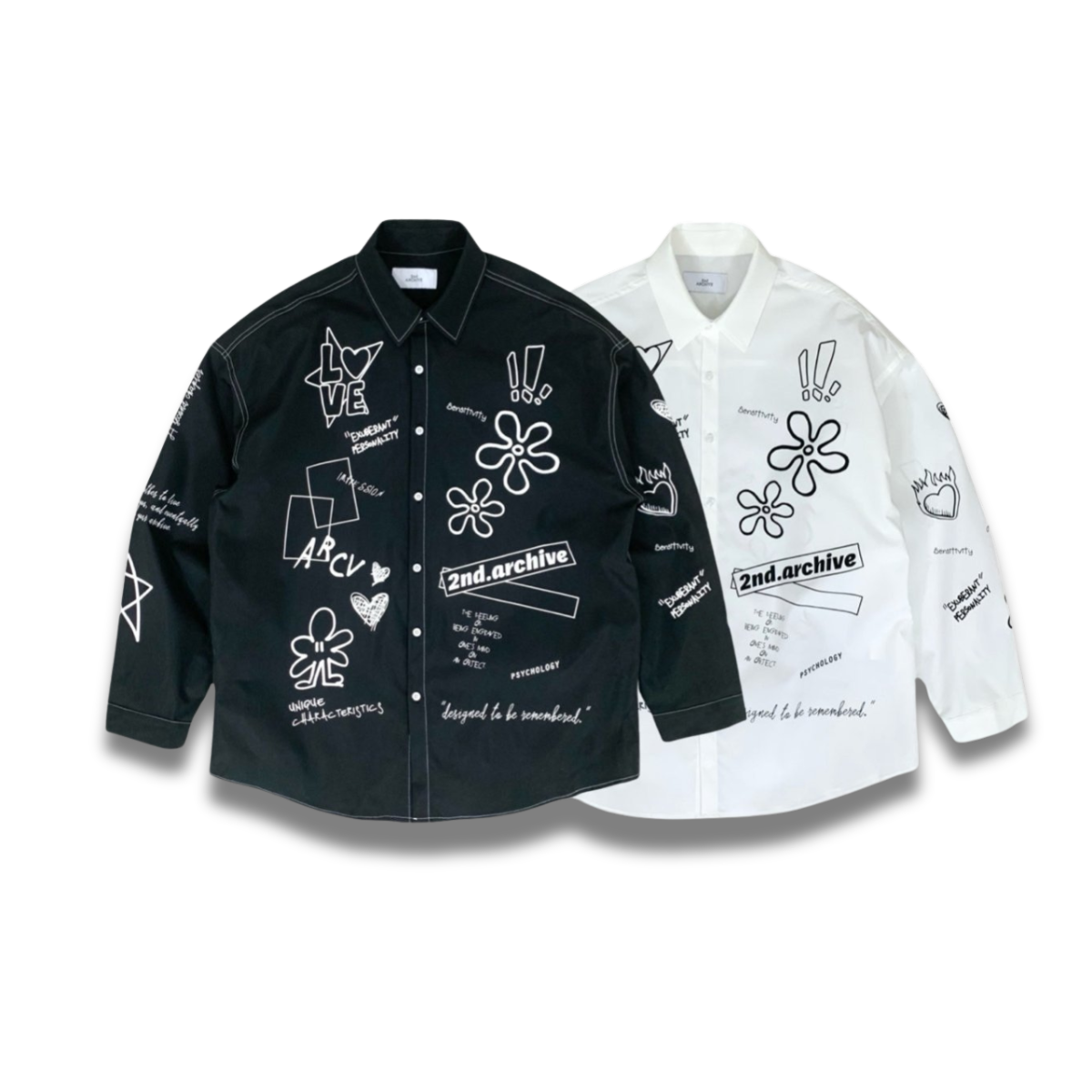 ホワイトカラーのスターフラワーシャツを着たモデルの着用イメージ