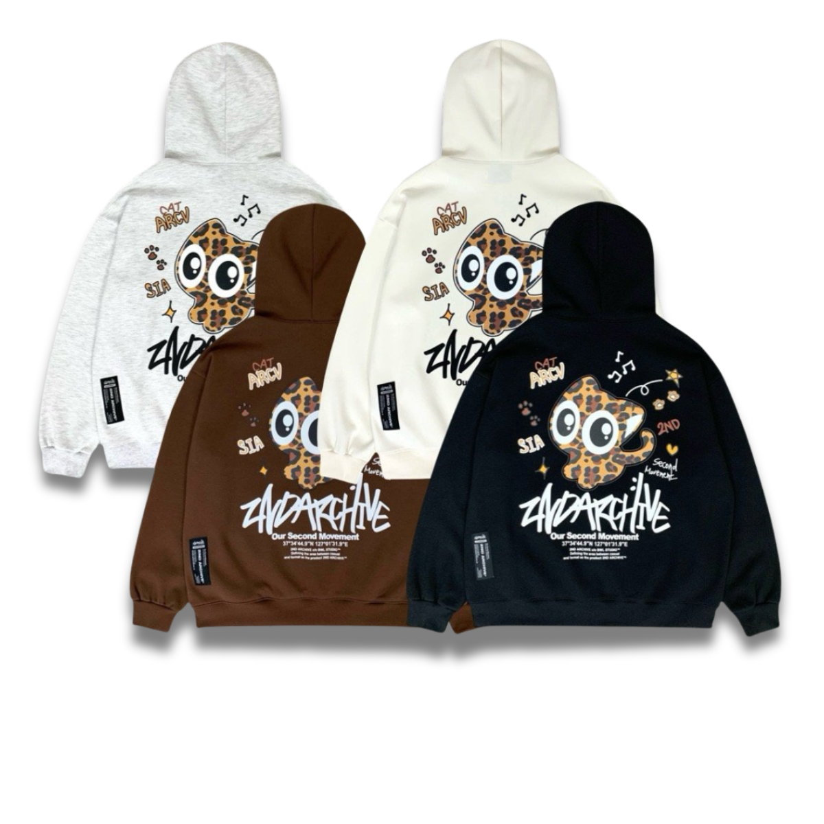 ヒョウ柄のかわいい猫グラフィックがプリントされたブラックパーカー