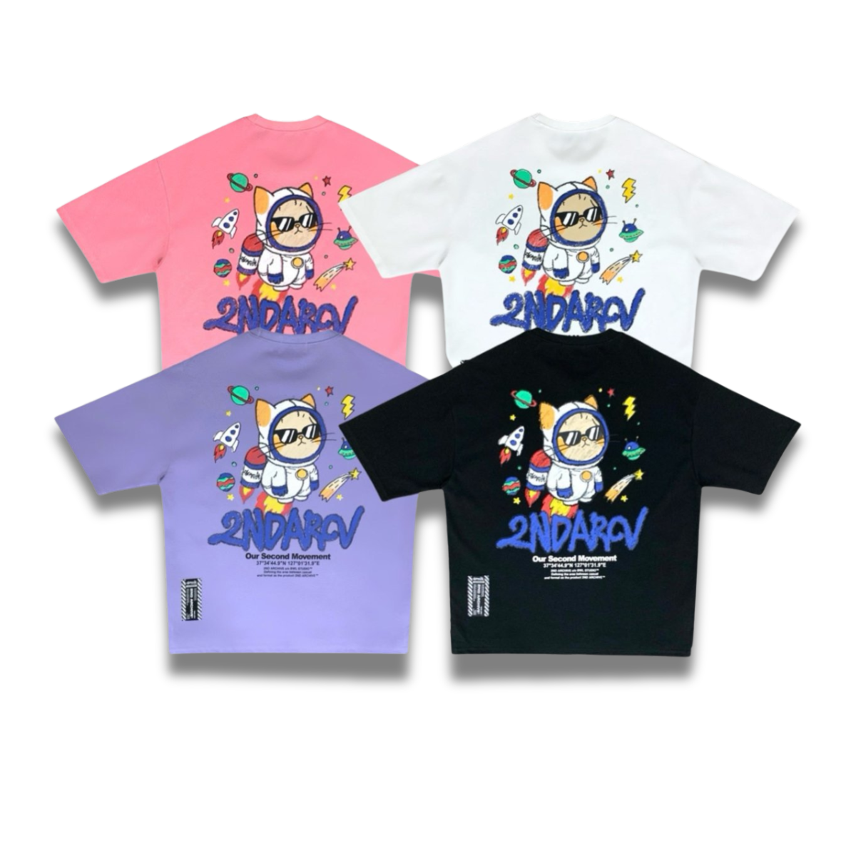 ポップでキュートなロケットキャットTシャツ｜韓国ストリートファッション