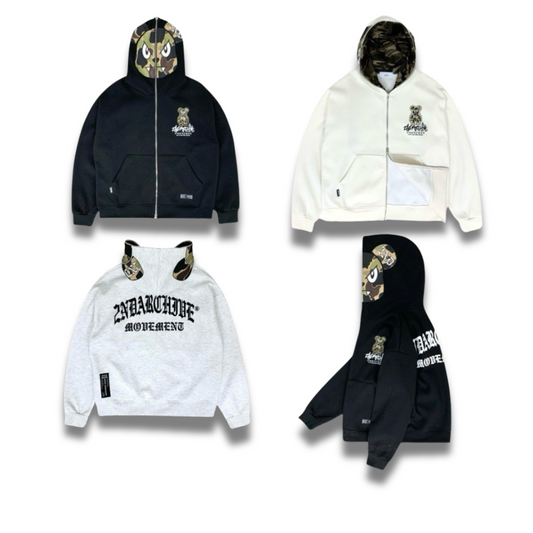 ブラックパーカーにプリントされたカモベアのディテールアップ