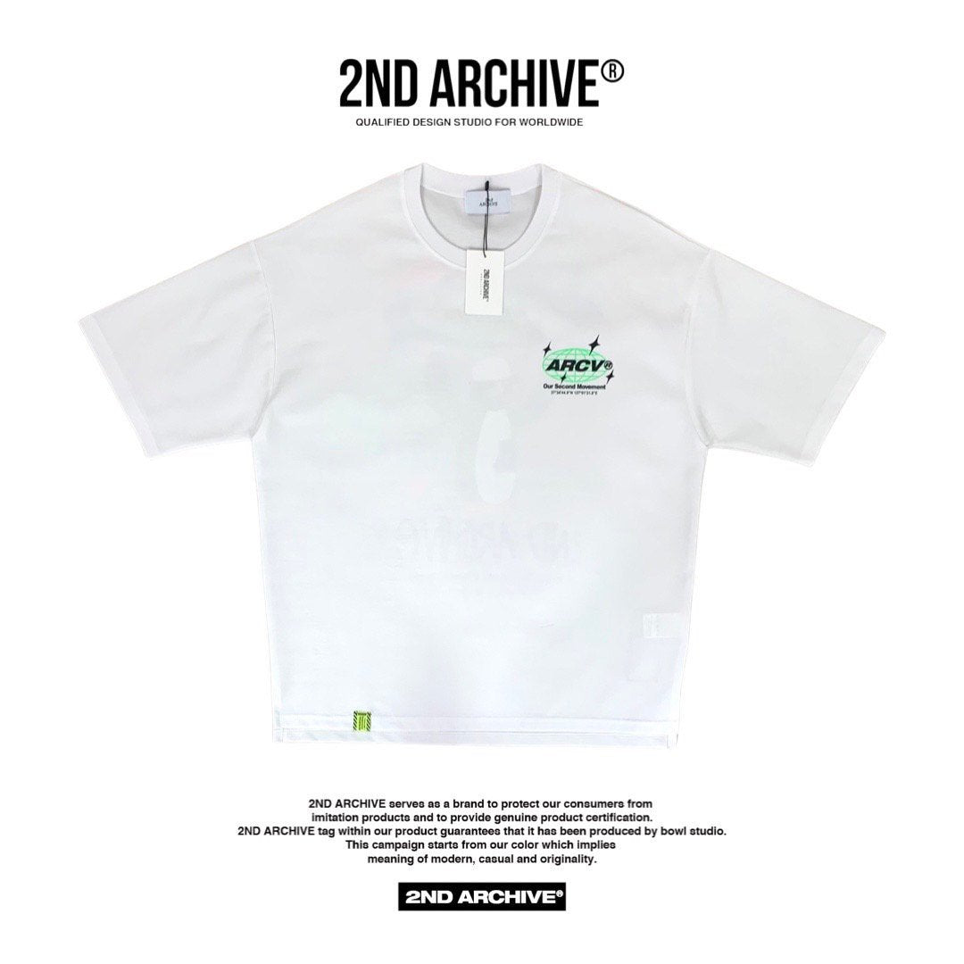 front facing white graphic t-shirt with logo.