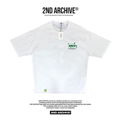 front facing white graphic t-shirt with logo.