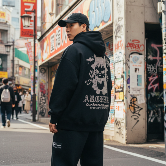 2nd Archive Devil Cat Studded Pullover Hoodie - Male Back Lifestyle