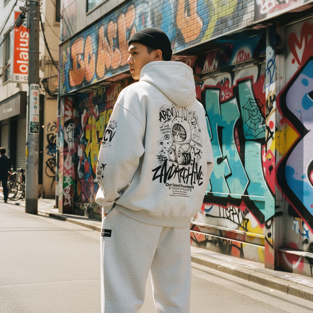 2nd Archive Sketch Cat Bunny Zip-Up Hoodie - Male Street Lifestyle