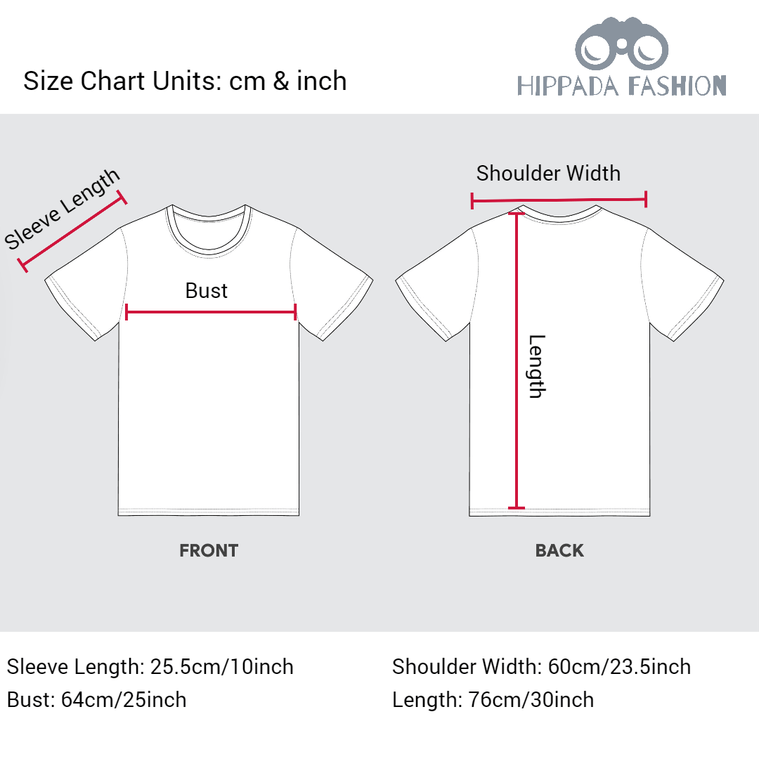 Detailed size chart for Korean made t-shirt.