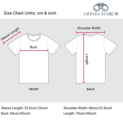 Detailed size chart for Korean made t-shirt.