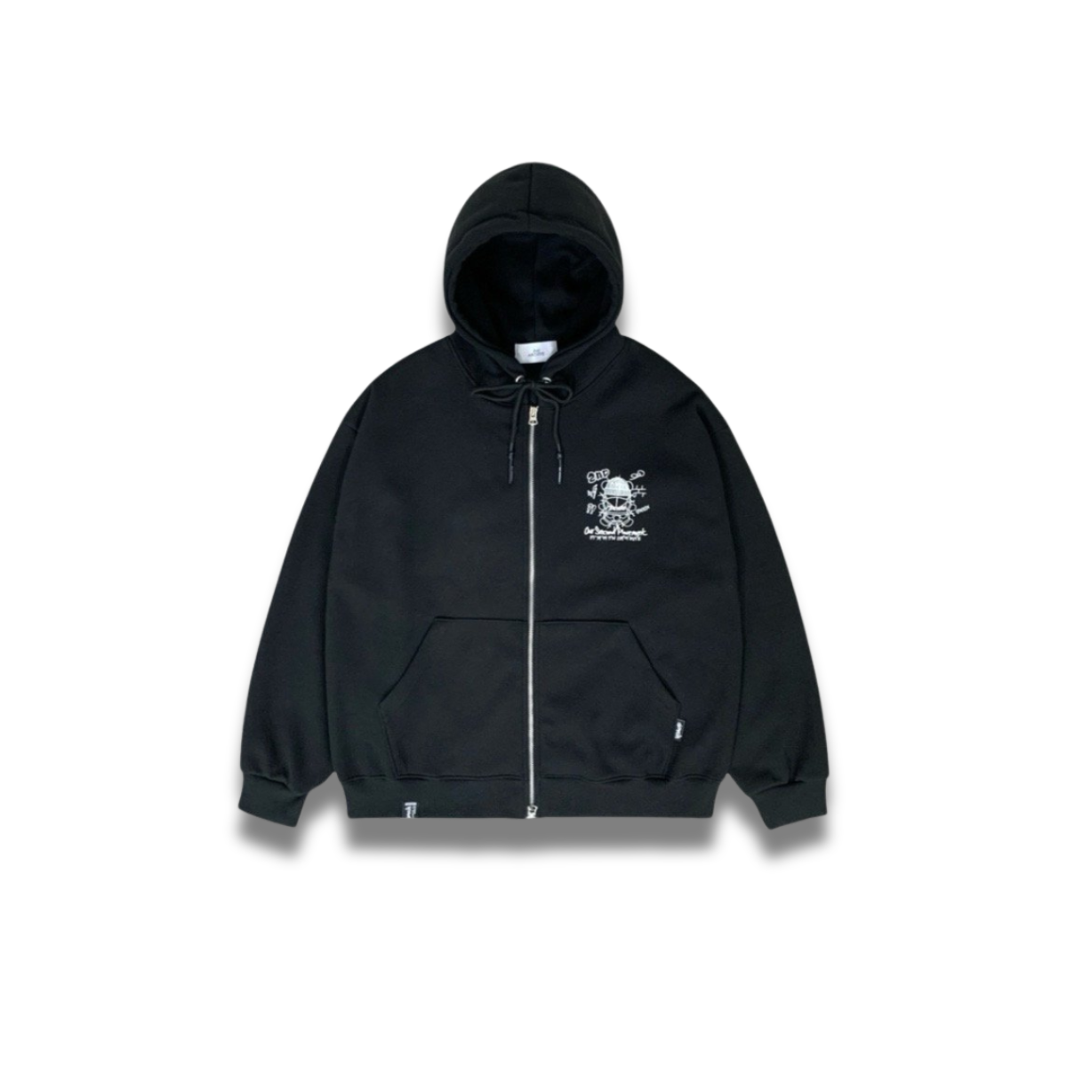 ライトグレーのツイステッドベアパーカーを着た全身コーデ写真