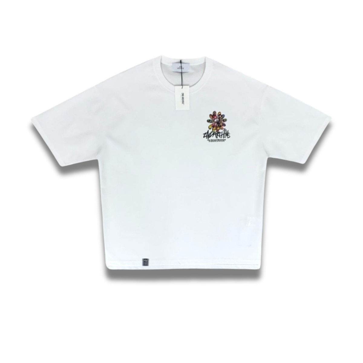 目を引くサイケ柄ベアプリント、ユニセックス対応オーバーサイズTシャツ