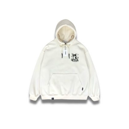 オーバーサイズシルエットのコーギーパーカーを着用した全身写真