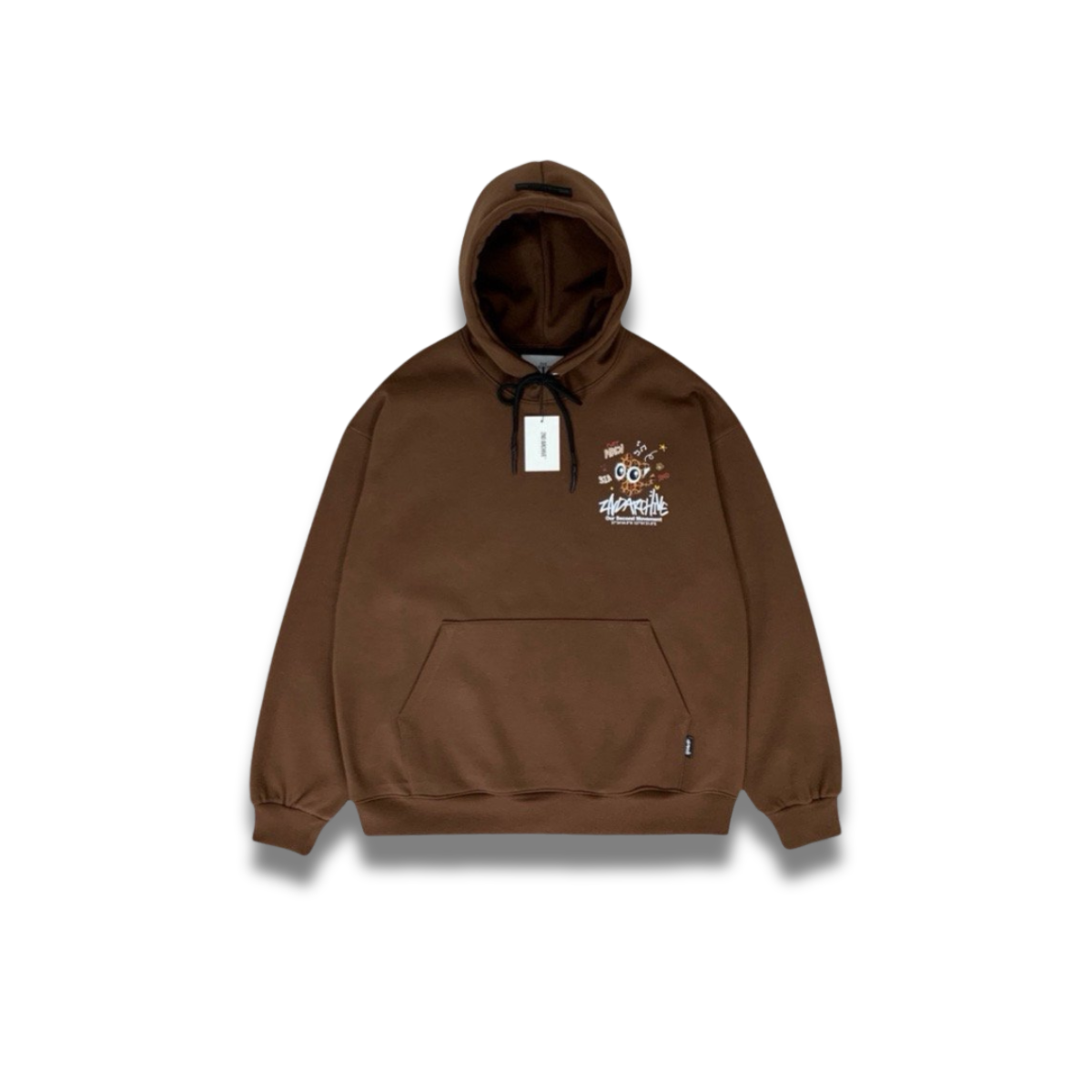 ライトグレーのヒョウ猫パーカーを着たモデルの全身コーデ