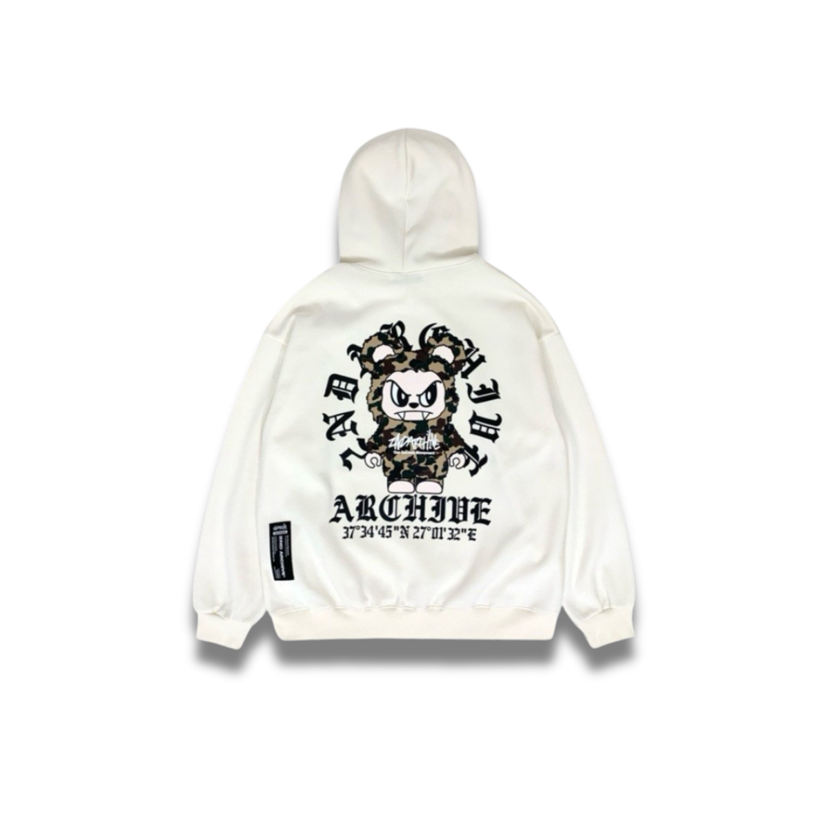 ライトグレーの生地にプリントされたサークルロゴベアの拡大ショット