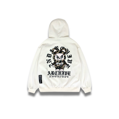 ライトグレーの生地にプリントされたサークルロゴベアの拡大ショット