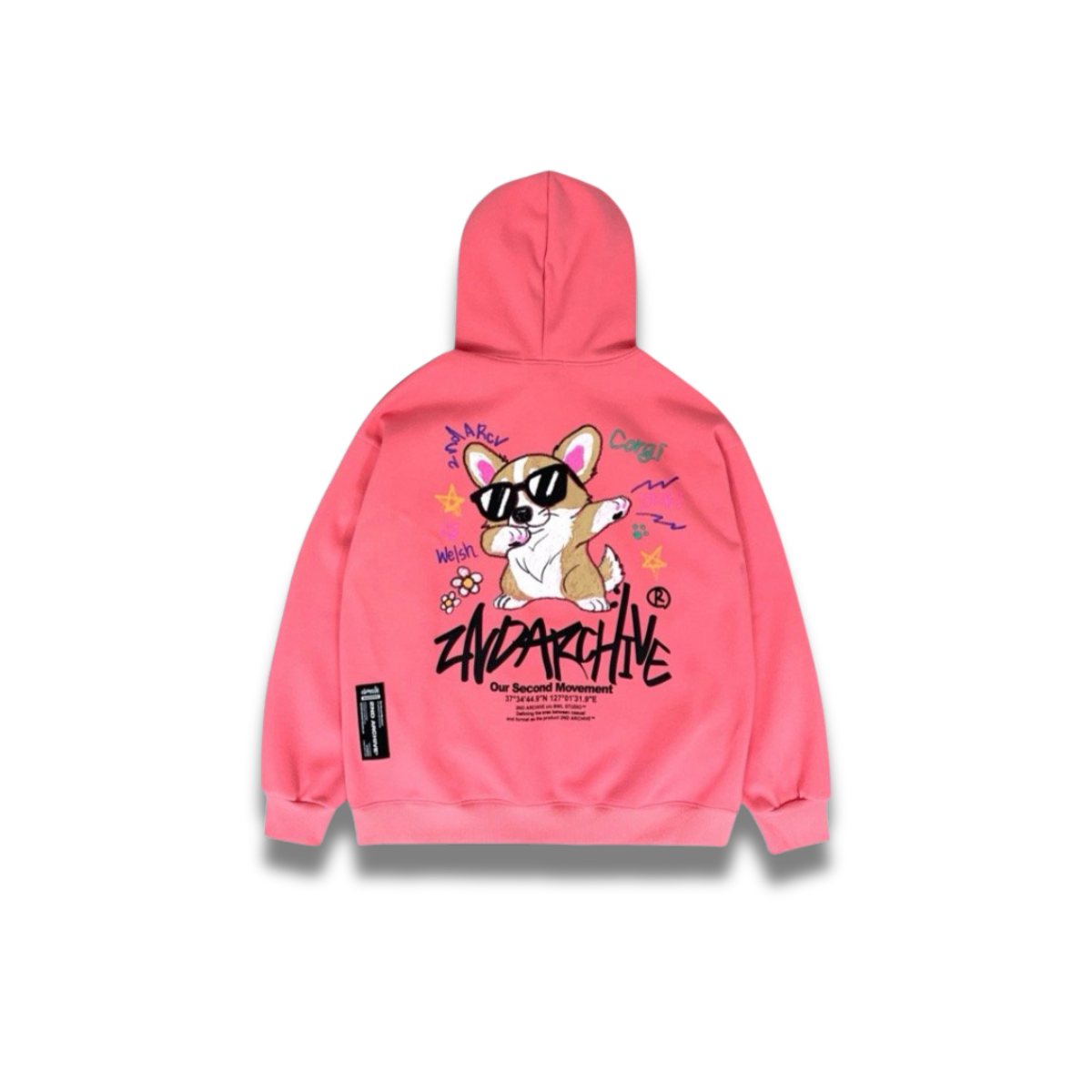 ライトグレーパーカーに並ぶコーギーデザインの拡大ショット