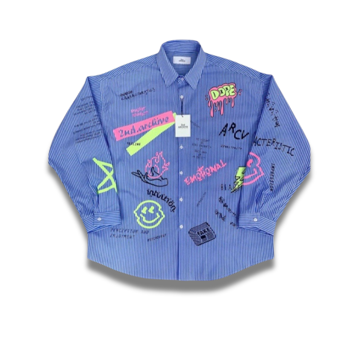 韓国ブランド2nd Archiveのブルーストライプシャツ、ネオンペイント風グラフィックが特徴