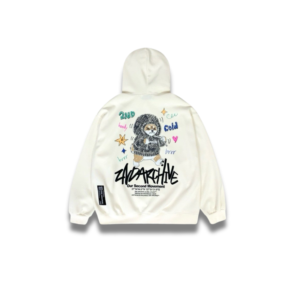 胸元にコーギーのイラストが入ったドローストリングパーカーの正面写真