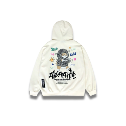 胸元にコーギーのイラストが入ったドローストリングパーカーの正面写真