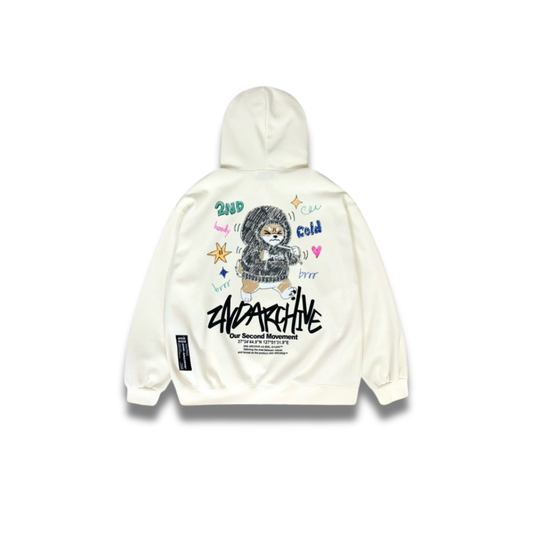 胸元にコーギーのイラストが入ったドローストリングパーカーの正面写真