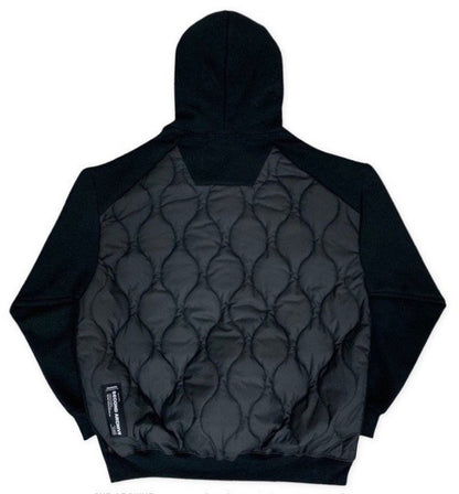 Back facing black hoodie with warm padding for insulation. 