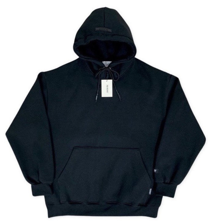 front facing black winter sweater with small logo on pocket. 