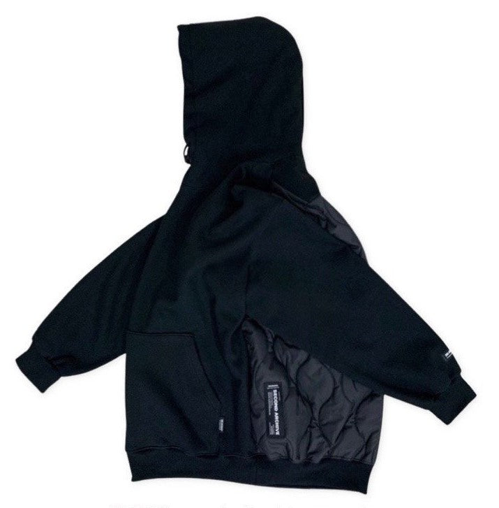 Side facing black hoodie sweater with padded back for insulation and warmth. 