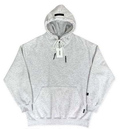 Front facing light gray hoodie sweater with small logo. 