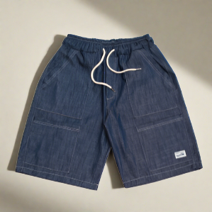 Korean-inspired blue denim cargo shorts.